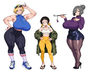 3girls absurdres bingbingzi black_hair black_pants black_shirt blonde_hair blue_eyes blue_nails breasts brown_hair brown_pantyhose capri_pants coat crop_top esports eyewear_on_head flip-flops full_body green_coat hair_bun hair_over_one_eye hands_on_own_hips high-waist_skirt highres holding holding_smoking_pipe huge_breasts leggings long_sleeves low_twintails multiple_girls muscular muscular_female orange_nails original pants pantyhose purple_nails purple_shirt sandals shirt shoes short_hair simple_background skirt smoking_pipe sneakers standing sunglasses thick_thighs thighs twintails white_background yellow_pants yoga_pants