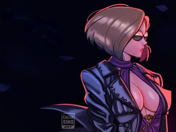 1girl absurdres black_background black_jacket breasts calvin_sims center_opening chain cleavage commentary death_by_degrees dress english_commentary from_side halter_dress halterneck highres jacket large_breasts leather leather_jacket lips looking_to_the_side namco nina_williams no_bra nose purple_dress short_hair solo standing sunglasses tekken tekken_2 tekken_3 tekken_4 tekken_5 tekken_5_(dark_resurrection) tekken_7 tekken_blood_vengeance tekken_bloodline tekken_tag_tournament tekken_tag_tournament_2