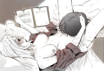 2girls between_legs blush breasts chief_(path_to_nowhere) clipboard closed_eyes commentary cunnilingus eyeshadow female_chief_(path_to_nowhere) hand_on_another&#039;s_head hashtag-only_commentary heart holding holding_clipboard kotokelaoye langley_(path_to_nowhere) large_breasts long_hair makeup multiple_girls nail_polish nipples open_clothes open_shirt oral path_to_nowhere scar scar_on_leg scar_on_stomach spoken_heart yuri