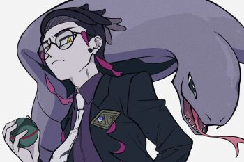 1boy adam&#039;s_apple arbok black-framed_eyewear black_coat closed_mouth coat collared_shirt corbeau_(pokemon) dusk_ball forked_tongue frown gen_1_pokemon highres holding holding_poke_ball lapels long_sleeves looking_at_viewer male_focus necktie nintendo notched_lapels oka_kabe open_mouth parted_hair poke_ball pokemon pokemon_(creature) pokemon_legends:_z-a purple_shirt round_eyewear sharp_teeth shirt short_hair simple_background slit_pupils solo tassel teeth tongue tongue_out white_background white_necktie wing_collar yellow_eyes