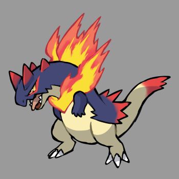 absurdres adoptable animal_focus colored_sclera commentary english_commentary fakemon fire full_body gen_2_pokemon grey_background highres nintendo no_humans open_mouth orange_eyes original pokemon pokemon_(creature) pokemon_focus rgreywind sharp_teeth simple_background solo standing teeth tongue tongue_out typhlosion v-shaped_eyes yellow_sclera