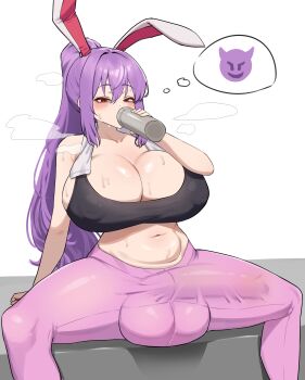 1futa absurdres alternate_costume alternate_hairstyle animal_ears black_tank_top blush breasts bulge commentary covered_erect_nipples demon_emoji drinking erection erection_under_clothes futanari gym_uniform hair_intakes highres huge_breasts huge_penis huge_testicles long_hair pants penis pink_pants ponytail purple_hair rabbit_ears rabbit_girl reisen_udongein_inaba sidelocks simple_background solo spammayoss speech_bubble sweat tank_top testicles thought_bubble touhou white_background