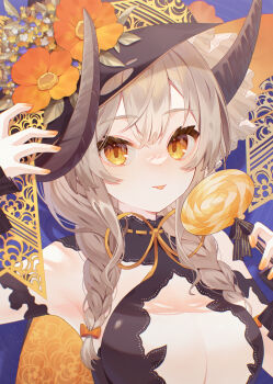 1girl :p absurdres arm_up bare_shoulders black_dress black_hat bow braid breasts brown_eyes brown_hair candy cleavage closed_mouth commentary_request dress flower food hair_bow hair_over_shoulder hat hat_flower highres holding holding_candy holding_food holding_lollipop horns large_breasts lollipop long_hair looking_at_viewer low_twintails minasenagi nail_polish orange_bow orange_flower orange_nails original smile solo swirl_lollipop tongue tongue_out torn_clothes torn_hat twin_braids twintails upper_body