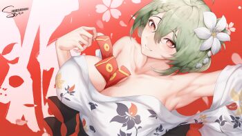 1girl absurdres arm_out_of_frame armpits artist_name bare_shoulders blush braid breasts chinese_commentary cleavage collarbone commentary de_lacey_(neural_cloud) de_lacey_(romantic_day_of_destiny)_(neural_cloud) floral_print floral_print_kimono flower girls&#039;_frontline girls&#039;_frontline_neural_cloud green_hair hair_flower hair_ornament highres japanese_clothes kimono large_breasts looking_at_viewer medium_hair mole mole_under_mouth new_year official_alternate_costume open_mouth print_kimono red_background red_eyes smile solo star-shaped_pupils star_(symbol) symbol-shaped_pupils thatob upper_body white_kimono yukata