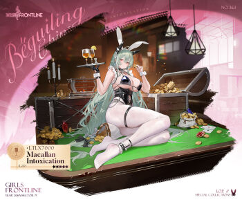 1girl ace_(playing_card) ace_of_diamonds ace_of_spades animal_ears bell bikini bikini_top_only black_bikini black_gloves black_ribbon blue_gemstone breasts candle card character_name coin copyright_name corset cup diamond_(shape) drinking_glass english_text fake_animal_ears feet food fruit gem girls'_frontline gloves gold gold_coin green_hair hair_between_eyes hair_ribbon headgear highres holding holding_coin holding_tray lemon lemon_slice light_blush looking_at_viewer ltlx_7000_(girls'_frontline) ltlx_7000_(macallan_intoxication)_(girls'_frontline) mole mole_on_breast money neck_bell no_shoes nontraditional_playboy_bunny official_alternate_costume official_art on_table pantyhose pink_background playing_card pool_table promotional_art rabbit_ears red_eyes red_gemstone ribbon sack second-party_source silver_coin sitting solo spade_(shape) star_(symbol) swimsuit table thigh_strap toes tray treasure_chest tucked_money white_pantyhose white_wrist_cuffs wrist_cuffs yokozuwari yoyo_(550098)