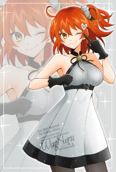 1girl ahoge bare_shoulders blush breasts brown_pantyhose commentary_request dress fate/grand_order fate_(series) fujimaru_ritsuka_(female) fujimaru_ritsuka_(female)_(waltz_in_the_moonlight/lostroom) gloves grey_dress highres large_breasts looking_at_viewer one_eye_closed one_side_up orange_eyes orange_hair pantyhose short_hair smile solo wagu_neru
