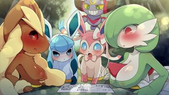 alternate_breast_size animal_ears arm_support black_sclera blue_eyes blue_hair blue_sclera blush breasts brown_hair colored_sclera covered_erect_nipples dagasi eyebrows fangs flying forest furry furry_female gardevoir gen_3_pokemon gen_4_pokemon gen_6_pokemon glaceon green_eyes green_hair grin highres hoop hoopa hoopa_(confined) jewelry large_breasts legendary_pokemon looking_down lopunny medium_breasts menu mythical_pokemon nature nintendo nipples on_ground open_mouth outdoors parted_lips pink_hair pokemon pokemon_(creature) portal_(object) puffy_nipples rabbit_ears red_eyes ribbon ring smile sylveon tears wavy_mouth yellow_sclera