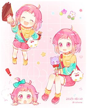 ! 1boy 1girl 2023 :d :o ^_^ aged_down ahoge animal_bag ankle_socks aqua_bow aqua_sweater atashi-tachi_no_happy_end_(project_sekai) bag balloon bare_legs blush_stickers bow child closed_eyes cohana dated flower frilled_shorts frills full_body grandfather_and_granddaughter grid_background hair_bow hair_flaps hashtag-only_commentary heart highres holding holding_hands holding_toy invisible_chair long_sleeves looking_at_viewer multiple_views no_pupils no_shoes one_side_up ootori_emu ootori_rakunosuke open_mouth orange_socks orange_sweater outline pink_background pink_eyes pink_flower pink_hair pink_shoes pink_shorts project_sekai puffy_long_sleeves puffy_shorts puffy_sleeves shoes short_bangs short_hair shorts shoulder_bag simple_background single_blush_sticker sitting smile socks standing star_(symbol) sweater tongue toy two-tone_sweater white_flower white_outline