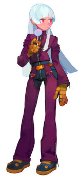 1girl blue_hair candy commentary english_commentary fl_(l-fl) food gloves highres holding holding_candy holding_food holding_lollipop kula_diamond lollipop long_hair red_eyes simple_background solo swirl_lollipop the_king_of_fighters white_background