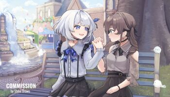 Rule 34 | 2girls, :d, ahoge, balloon, bare shoulders, bench, black ribbon, black skirt, blue bow, blue eyes, blue sky, bow, braid, breasts, brown hair, brown skirt, building, clothing cutout, cloud, collared shirt, commentary, commission, cotton candy, crown braid, day, dress shirt, english commentary, eye contact, ferris wheel, fountain, green eyes, grey hair, grey shirt, hair intakes, hair ribbon, highres, holding hands, hololive, hololive indonesia, interlocked fingers, long hair, looking at another, market stall, multiple girls, nail polish, natsuiro matsuri, natsuiro matsuri (casual), on bench, open mouth, outdoors, park bench, pink nails, pleated skirt, puffy short sleeves, puffy sleeves, ribbon, shibedraws, shirt, short sleeves, shoulder cutout, sitting, skirt, sky, small breasts, smile, tower, tree, twintails, vestia zeta, vestia zeta (jirai kei), virtual youtuber, watermark, yuri