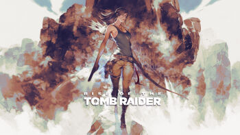1girl alt_text boots bow_(weapon) brown_hair cliff copyright_name gun handgun highres jewelry lara_croft looking_at_viewer mountain necklace official_art pickaxe ponytail quiver rock solo square_enix standing tank_top tomb_raider tomb_raider_(reboot) weapon yoshida_akihiko