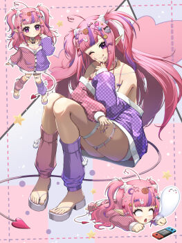 1girl bandaid bandaid_hair_ornament bone_hair_ornament breasts candy_hair_ornament chibi chiga_akira closed_mouth collar crescent crescent_hair_ornament decora demon_girl demon_horns demon_tail fishnet_top fishnets food-themed_hair_ornament hair_ornament heterochromia highres horns ironmouse ironmouse_outfit_art_contest jacket jewelry large_breasts leg_warmers lollipop_hair_ornament long_hair looking_at_viewer multicolored_hair multicolored_jacket nintendo_switch one_eye_closed open_mouth pink_hair pink_jacket pink_leg_warmers pointy_ears purple_eyes purple_hair purple_jacket purple_leg_warmers rabbit_hair_ornament red_eyes ring sandals shorts smile solo spiked_collar spikes star_(symbol) star_hair_ornament streaked_hair tail thigh_strap two-tone_jacket two_side_up very_long_hair virtual_youtuber vshojo white_collar white_sandals white_shorts x_hair_ornament