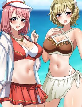 Rule 34 | 2girls, bikini, blonde hair, breasts, citrinne (fire emblem), cleavage, fire emblem, fire emblem engage, fire emblem heroes, flat cap, flower, hat, jacket, jewelry, lapis (fire emblem), lapis (forager of the sea) (fire emblem), medium breasts, multiple girls, navel, necklace, nintendo, official alternate costume, pink eyes, pink hair, red bikini, red eyes, sunflower, swimsuit, tara (szzj7733), two-tone hat, white hat, white jacket