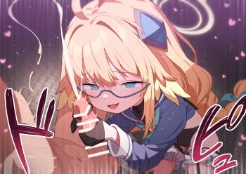 1boy 1girl bar_censor black_gloves blonde_hair blue_archive blue_eyes censored clothed_female_nude_male commentary_request cum ejaculation glasses gloved_handjob gloves halo handjob heart hetero highres long_hair nude official_alternate_costume paid_reward_available penis robo_mikan shimiko_(blue_archive) shimiko_(magical)_(blue_archive) variant_set