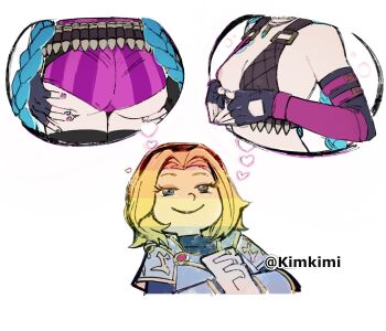 2girls armor ass_support bare_shoulders belt black_gloves black_hairband black_thighhighs blonde_hair breasts bullet detached_sleeves fingerless_gloves gloves hairband heart heart_hands highres jinx_(league_of_legends) k1mkimi league_of_legends lux_(league_of_legends) multiple_girls nail_polish own_hands_clasped own_hands_together pink_sleeves short_hair shorts small_breasts smile speech_bubble striped_clothes striped_shorts thighhighs thought_bubble yuri