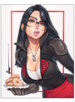 apron baroness_(g.i._joe) black-framed_eyewear black_bodysuit black_hair bodysuit border breasts cleavage cobra_command collared_bodysuit commentary dog_tags donut english_commentary eyewear_on_head food g.i._joe glasses gloves green_eyes grey_gloves holding holding_donut holding_food holding_plate jewelry large_breasts lips long_hair looking_at_viewer necklace omar_dogan open_bodysuit open_clothes open_mouth parted_lips partially_unzipped plate red_apron red_square ribbed_gloves round_eyewear shirt simple_background solo unzipped upper_body v-neck white_background white_border white_shirt zipper