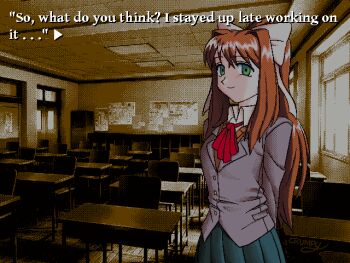 1girl arm_behind_back blue_skirt bow brown_hair ceiling chair chronocrump classroom closed_mouth collar desk doki_doki_literature_club doki_doki_literature_club_school_uniform door english_text feet_out_of_frame formal_clothes green_eyes hair_bow hair_ribbon high_collar highres indoors long_hair monika_(doki_doki_literature_club) pixel_art purple_suit red_ribbon ribbon school_desk school_uniform sepia sidelocks skirt smile solo standing suit talking tile_ceiling tiles white_bow white_collar white_ribbon window