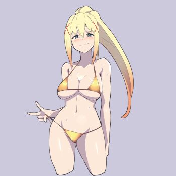 1girl bikini bikini_pull blonde_hair blue_eyes blush breasts cleavage clothes_pull cropped_legs darkness_(konosuba) from_side hair_ornament half-closed_eyes highres kono_subarashii_sekai_ni_shukufuku_wo! large_breasts long_hair looking_at_viewer navel noyama_takenoko orange_hair ponytail smile solo standing sweat swimsuit teasing x_hair_ornament yellow_bikini