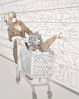 2girls 9_(hcl9fg) aglaea_(fashion)_(honkai:_star_rail) aglaea_(honkai:_star_rail) alternate_costume animal_ear_fluff animal_ears blonde_hair breasts cat_ears choker cipher_(honkai:_star_rail) cipher_(sweet_slumber)_(honkai:_star_rail) cleavage closed_eyes formal_clothes green_hair grey_hair highres honkai:_star_rail honkai_(series) hood hoodie indoors multiple_girls open_clothes shopping_cart smile suit