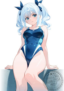 1girl bloom blue_eyes blue_ribbon breasts closed_mouth commentary competition_swimsuit covered_navel english_commentary expressionless green_eyes green_one-piece_swimsuit groin hair_between_eyes hair_ribbon highleg highleg_one-piece_swimsuit large_breasts looking_at_viewer medium_hair one-piece_swimsuit original ribbon short_twintails simple_background solo swimsuit takeda_eka twintails white_background