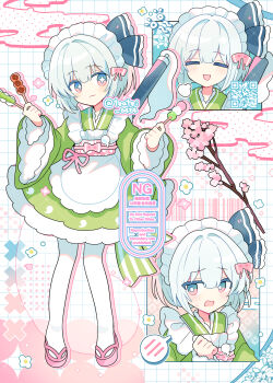 +_+ 1girl :3 :d absurdres apron black_ribbon blush closed_eyes closed_mouth dango dress food frilled_apron frilled_dress frilled_sleeves frills full_body green_dress grey_hair grid_background hair_ribbon hashtag-only_commentary highres holding holding_food konpaku_youmu long_sleeves looking_at_viewer maid_headdress multiple_views okobo open_mouth pantyhose pink_sandals pink_sash platform_sandals puff_of_air qr_code red_eyes ribbon sandals sash sheath shirocha_tei short_hair smile spoken_blush standing touhou twitter_username wagashi watermark white_apron white_pantyhose wide_sleeves