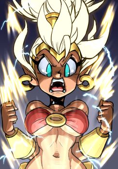 aqua_eyes bare_shoulders blonde_hair breasts choker circlet cleft_of_venus dark-skinned_female dark_skin earrings genie gold_earrings highres hoop_earrings jewelry large_breasts looking_at_viewer midriff navel pointy_ears ponytail shantae shantae_(series) super_saiyan teevo underboob wrist_cuffs