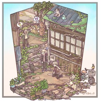 1girl 2boys ? ?? animal bear bicycle bird black_pants black_shoes blonde_hair blue_eyes building cat chigu closed_mouth commentary_request day grass green_hair highres kneeling multiple_boys open_mouth original outdoors outstretched_arm pants plant potted_plant rabbit shoes speech_bubble spoken_object spoken_question_mark standing tree