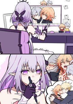 1girl 2boys alternate_costume alternate_form antenna_hair black_choker black_gloves black_shirt blonde_hair blue_eyes blush braid bug butterfly castorice_(honkai:_star_rail) character_doll chest_tattoo chinese_commentary choker closed_eyes collared_shirt commentary_request computer doll dress facial_tattoo fujoshi gloves gradient_hair hair_between_eyes highres holding holding_stylus honkai:_star_rail honkai_(series) insect low_twintails medium_hair monitor multicolored_hair multiple_boys mydei_(honkai:_star_rail) parted_bangs phainon_(honkai:_star_rail) phainon_(khaslana)_(honkai:_star_rail) pink_butterfly pointy_ears purple_eyes purple_hair red_hair red_tattoo shirt short_hair side_braid sleeveless sleeveless_dress stylus tattoo tiara twintails white_dress white_hair yaoi yellow_eyes yuelinpanp98413