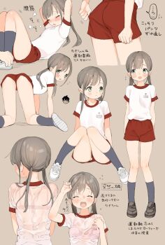 1boy 1girl all_fours ass blue_eyes blush bra chup2m closed_eyes cropped_legs exercising flying_sweatdrops from_behind full_body grey_background grey_hair gym_uniform highres original panties red_shorts see-through_clothes shirt shoes shorts shorts_tug simple_background sit-up sitting socks standing sweat twintails underwear upshorts white_footwear white_shirt