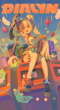 1girl absurdres antique_phone aqua_nails arcade_cabinet arm_up armpits bare_shoulders black_hair black_shoes black_shorts braid braided_twintails character_name china_dress chinese_clothes commentary_request corded_phone detached_sleeves dialyn_(zenless_zone_zero) dress english_text flying_paper hair_extensions hair_ornament hairclip heart highres long_hair looking_at_viewer multicolored_hair multicolored_nails muxing_hu necktie open_mouth panda_hair_ornament paper phone red_nails ring_hair_extensions rotary_phone shoes shorts sitting solo sparkling_eyes split-color_hair television thighhighs white_dress white_hair white_thighhighs yellow_eyes yellow_necktie zenless_zone_zero