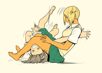 2girls blonde_hair jiu-jitsu multiple_girls skirt wrestling