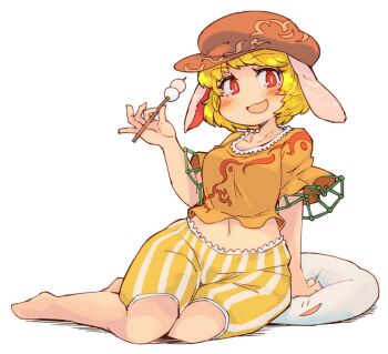 Rule 34 | 1girl, :d, animal ears, arm support, barefoot, blonde hair, blush, brown hair, collarbone, crop top, cushion, dango, female focus, flat cap, floppy ears, food, frilled shirt, frilled shorts, frills, full body, hat, ini (inunabe00), looking at viewer, midriff, navel, open mouth, orange shirt, orange shorts, rabbit ears, red eyes, ringo (touhou), shirt, short hair, short sleeves, shorts, simple background, sitting, smile, solo, striped clothes, striped shorts, touhou, wagashi, white background, wide sleeves, yokozuwari, | |