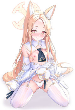 1girl animal_ear_fluff animal_ears blonde_hair blue_archive blue_necktie blush bow bow_panties breasts breasts_out cameltoe closed_mouth clothes_lift cross_halo detached_sleeves dot_nose dress dress_lift ear_wreath flower forehead fox_ears fox_girl fox_tail full_body garter_straps gluteal_fold hair_flower hair_ornament halo lifting_own_clothes loli long_hair looking_at_viewer necktie orange_eyes panties rikatan sailor_collar seia_(blue_archive) short_necktie sitting skirt skirt_lift sleeve_bow sleeves_past_fingers sleeves_past_wrists small_breasts smile solo striped_clothes striped_thighhighs tail tail_bow tail_ornament thighhighs thighs underwear vertical-striped_clothes vertical-striped_thighhighs very_long_tail wariza white_background white_bow white_dress white_panties white_sailor_collar yellow_bow yellow_halo