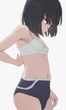 1girl black_hair blue_one-piece_swimsuit bra breasts clothes_pull grey_background highres hiroki_(yyqw7151) one-piece_swimsuit one-piece_swimsuit_pull original red_eyes short_hair simple_background small_breasts solo swimsuit underwear white_bra