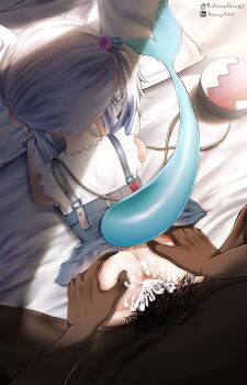 1boy 1girl age_difference animal_ears artist_name ass bar_censor bed blue_dress blue_hair bottomless cat_ears cat_tail censored clothes_lift cowboy_shot cum cum_in_pussy cum_overflow dark-skinned_male dark_skin dress dress_lift fins fish_tail from_behind gawr_gura grabbing_another's_ass grey_hair groping hetero highres hololive hololive_english huge_penis interracial loli lying multicolored_hair on_bed on_stomach penis ponytail pov pov_crotch pov_hands sex sex_from_behind shark_girl shark_tail shirt short_hair short_ponytail short_sleeves side_ponytail size_difference solo_focus streaked_hair tail two-tone_hair vaginal very_dark_skin virtual_youtuber white_shirt yoko-chan_(mijizukeyoko)