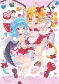 Rule 34 | 2girls, alternate costume, animal ear fluff, animal ears, back bow, bat wings, blonde hair, blue hair, blush, bow, box, breasts, cat ears, cat girl, cat tail, cleavage, commentary request, crystal, crystal wings, donut, flandre scarlet, food, frilled skirt, frills, full body, hair between eyes, hair bow, heart-shaped box, highres, kemonomimi mode, leg up, looking at viewer, maid headdress, mary janes, midriff, multicolored wings, multiple girls, navel, one side up, open mouth, panties, pointy ears, red bow, red eyes, red shoes, red skirt, red tube top, remilia scarlet, shoes, siblings, sisters, skirt, skirt hold, small breasts, smile, socks, strapless, tail, tail bow, tail ornament, touhou, traditional media, tsugumi (tky-fam), tube top, twitter username, underwear, watermark, white bow, white panties, white socks, wings, wrist cuffs
