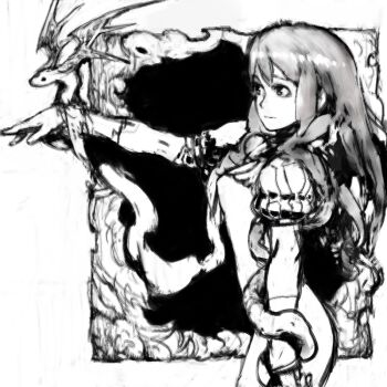 1girl animal animal_on_hand arm_at_side breasts closed_mouth cowboy_shot expressionless greyscale long_hair looking_ahead monochrome original outside_border outstretched_arm perching pon_(tab_rasa) puffy_short_sleeves puffy_sleeves ribbed_sleeves short_sleeves small_breasts snake solo standing winged_animal