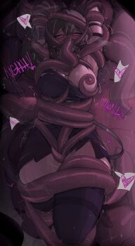 1girl absurdres ahegao bdsm black_dress black_thighhighs blindfold bondage bound breasts commentary defeat dress english_commentary gag heart heart-shaped_pupils highres kajoki looking_at_viewer nipple_stimulation nipple_tweak orgasm purple_eyes restrained side_ponytail solo sousou_no_frieren symbol-shaped_pupils tentacles thighhighs torn_clothes torn_dress ubel_(sousou_no_frieren)