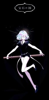 Rule 34 | 1other, absurdres, androgynous, black background, caedoll, closed eyes, closed mouth, diamond (houseki no kuni), full body, gradient eyelashes, gradient hair, highres, holding, holding weapon, houseki no kuni, multicolored hair, necktie, rainbow eyelashes, rainbow hair, short hair, smile, solo, sparkle, sparkling aura, standing, standing on one leg, translation request, weapon