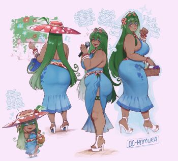 Rule 34 | 1girl, animal ears, ara-ara venusaur, ass, bare arms, bare shoulders, basket, blue dress, blue eyeshadow, blush, breasts, cleavage, commentary, curvy, dark-skinned female, dark skin, dress, english commentary, english text, eyeshadow, from behind, from side, fruit basket, full body, gen 1 pokemon, green hair, hair intakes, hat, hawaiian clothes, highres, holding, holding basket, holding microphone, huge ass, large breasts, looking at viewer, makeup, mature female, microphone, multiple girls, multiple views, nintendo, nyantcha, open mouth, personification, plump, pokemon, pokemon pokopia, red eyes, red hat, smile, standing, thick arms, venusaur, wide brim
