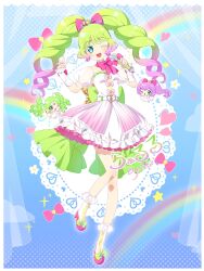 Rule 34 | 3girls, ;d, absurdres, blue background, blue eyes, border, bow, character name, commentary request, curtains, detached sleeves, dress, ebi nana, falulu, falulu (awakened), frilled dress, frills, full body, gradient hair, green bow, green hair, hair bow, hands up, highres, holding, holding microphone, laalulu, long hair, looking at viewer, manaka laala, microphone, mini person, minigirl, multicolored hair, multiple girls, one eye closed, open mouth, pink bow, pink footwear, pink hair, pretty series, pripara, puffy short sleeves, puffy sleeves, rainbow, see-through, see-through sleeves, shoes, short sleeves, smile, socks, solo focus, standing, standing on one leg, twintails, white border, white dress, white socks
