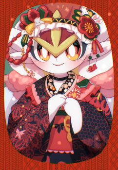 1girl animal_hands body_fur border bright_pupils character_hair_ornament cinderace closed_mouth dynamax female_focus flat_chest floral_print flower frilled_hairband frills furry furry_female gen_8_pokemon gigantamax gigantamax_cinderace hair_flower hair_ornament hairband hands_up happy hexagon_print highres japanese_clothes kagetsu_(pixiv_59460925) kimono lipstick long_animal_ears long_sleeves looking_at_viewer makeup nintendo obi own_hands_together pokemon pokemon_(creature) rabbit_ears raboot red_border red_eyes red_hair red_kimono sash scorbunny short_hair smile solo standing upper_body white_fur white_pupils wide_sleeves