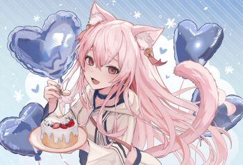 Rule 34 | 1girl, animal ears, balloon, bell, belt collar, cake, cat ears, cat girl, cat tail, collar, commentary request, commission, cropped hoodie, food, hair bell, hair ornament, heart balloon, highres, holding, holding spoon, hood, hood down, hoodie, indie virtual youtuber, long hair, long sleeves, looking at viewer, open mouth, pink eyes, pink hair, skeb commission, solo, spoon, sumomo moko (vtuber), tail, unacha, upper body, virtual youtuber, white hoodie
