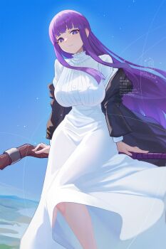 1girl absurdres black_coat blue_sky blunt_bangs blush breasts coat commentary_request dress fern_(sousou_no_frieren) highres large_breasts long_hair long_sleeves looking_at_viewer open_clothes open_coat purple_eyes purple_hair shiro_font sidelocks sky smile solo sousou_no_frieren staff white_dress