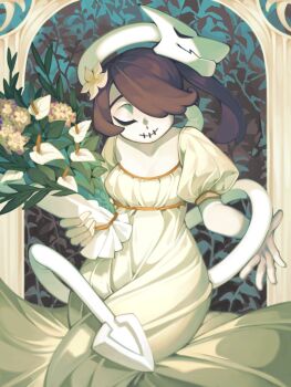 bone bouquet closed_eyes colored_skin crossed_legs dress flower hair_over_one_eye highres i3corel juliet_sleeves leviathan_(skullgirls) long_sleeves object_through_head puffy_sleeves purple_hair side_ponytail sitting skeletal_hand skullgirls squigly_(skullgirls) stitched_mouth stitches white_dress zombie