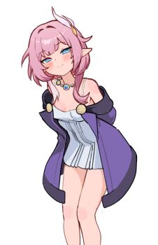 1girl arms_behind_back bare_shoulders blue_eyes blush closed_mouth cyrene_(honkai:_star_rail) dress feet_out_of_frame formerly honkai:_star_rail honkai_(series) jacket leaning_forward long_hair looking_at_viewer pink_hair pointy_ears purple_jacket simple_background sleeveless sleeveless_turtleneck smile solo standing turtleneck white_background white_dress