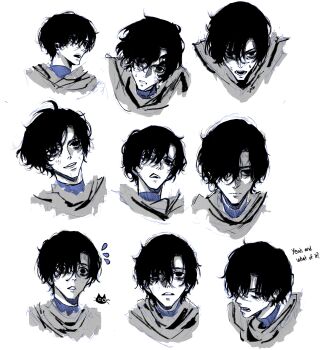 Rule 34 | 1boy, bags under eyes, black eyes, black hair, blue shirt, commentary, ellieaedon, english commentary, english text, grey tunic, grin, highres, multiple expressions, multiple views, nervous, open mouth, portrait, shadow slave, shirt, short hair, smile, sunny (shadow slave), tunic, undershirt, worried
