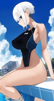 1girl arm_support armpits bare_legs blue_eyes blue_sky blunt_bangs bob_cut breasts closed_mouth cloud collarbone elena_(hazuki_kazue) eyeliner from_side hazuki_kazue highleg highleg_one-piece_swimsuit highres huge_breasts inverted_bob looking_at_viewer looking_to_the_side makeup one-piece_swimsuit original pointy_ears pool raised_eyebrows short_hair sideboob sidelocks sitting sky slit_pupils solo swimsuit thighs undercut wet white_hair