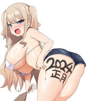 1girl 2024 angry ass bebebe_(pepegakii) bikini bikini_top_only blonde_hair blue_eyes blush body_writing breasts from_behind highres huge_breasts ink kousaka_airi_(bebebe) new_year open_mouth short_shorts shorts solo swimsuit thick_thighs thighs twintails