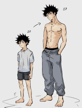 1boy absurdres age_progression arms_at_sides barefoot black_hair closed_mouth drawstring full_body fushiguro_megumi grey_hair hands_in_pockets highres jujutsu_kaisen male_focus nipples pants shirt short_hair short_sleeves solo standing sweatpants toned toned_male topless_male vika_(artist)